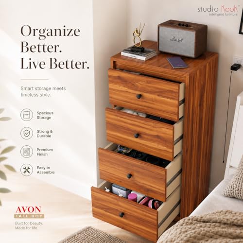Image of Studio Kook Avon Tallboy Chest of Drawers, 4 Drawers, Matte Finish (Amber Walnut)