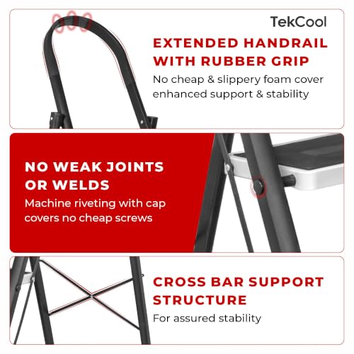 Image of TEKCOOL 5 Step Ladder for Home Use with Built-in Tool Tray | Heavy Duty D Shape Rods | 20 x 30 cm Large Platform | Wide Rubber Feet | Secure Lock | 150Kg Capacity Foldable Ladder