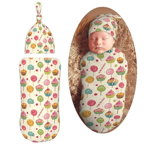 Image of Lollipop and Muffins Newborn Swaddle Blankets Hat Sets Soft Baby Receiving Blanket Swaddle Sack for Baby Shower Infant Boy Girl Gift