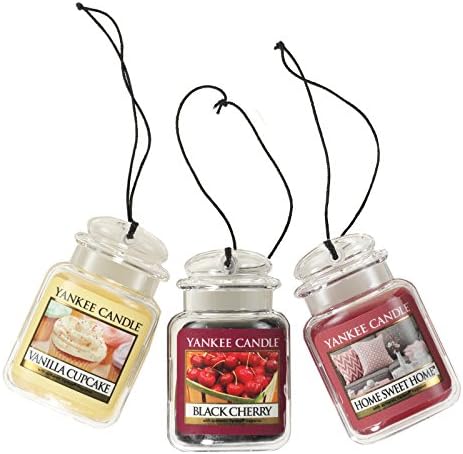 Yankee Candle Car Air Fresheners, Hanging Car Jar® Ultimate 3-Pack, Neutralizes Odors Up To 30 Days, Includes: 1 Vanilla Cupcake, Black Cherry, and 1 Home Sweet Home
