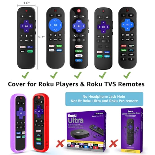 Image of 2 Pack Remote Cover for Roku, Battery Cover for TCL Roku Smart TV Steaming Stick Remote, Silicone Remote Case for Roku Universal Protective Controller Sleeve Skin Glow in The Dark Purple Red