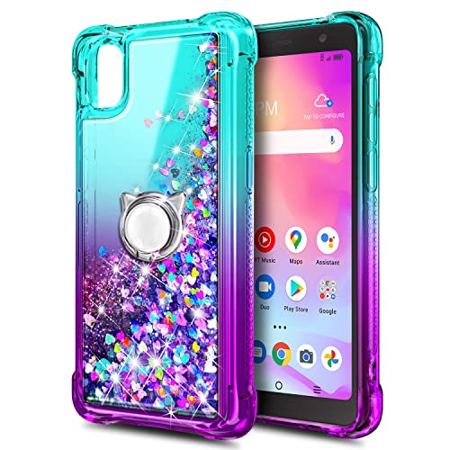 Nznd Case For Alcatel Tcl A3 (A509Dl)/Tcl A30 With Tempered Glass Screen Protector (Maximum Coverage), Ring Holder/Wrist Strap, Women Girls Kids Sparkle Glitter Liquid Cute Case -Aqua/Purple #TOP1