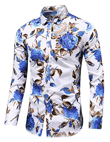Men's Slim fit Floral Printed Beach Hawaiian Button-Down Dress Shirt