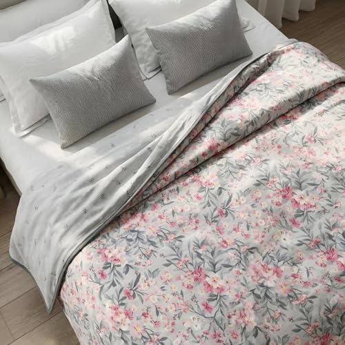 Image of haus & kinder Cotton Dohar for Double Bed Queen Size | Lightweight Summer Blanket AC Dohar | 3 Layer Soft Reversible Cotton Quilt Blanket for Bed | Grey Floral Design | 100 x 89 Inches | 144 TC