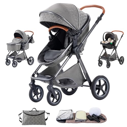 Shineey kinderwagen 3 in 1 Buggy Babybett Komplett Set Einem Klick Zusammenklappbarer Kinderwagen, 3 in 1 KombiKinderwagen Aluminiumrahmen für Neugeborene (H2-DEEPGREY, H2)