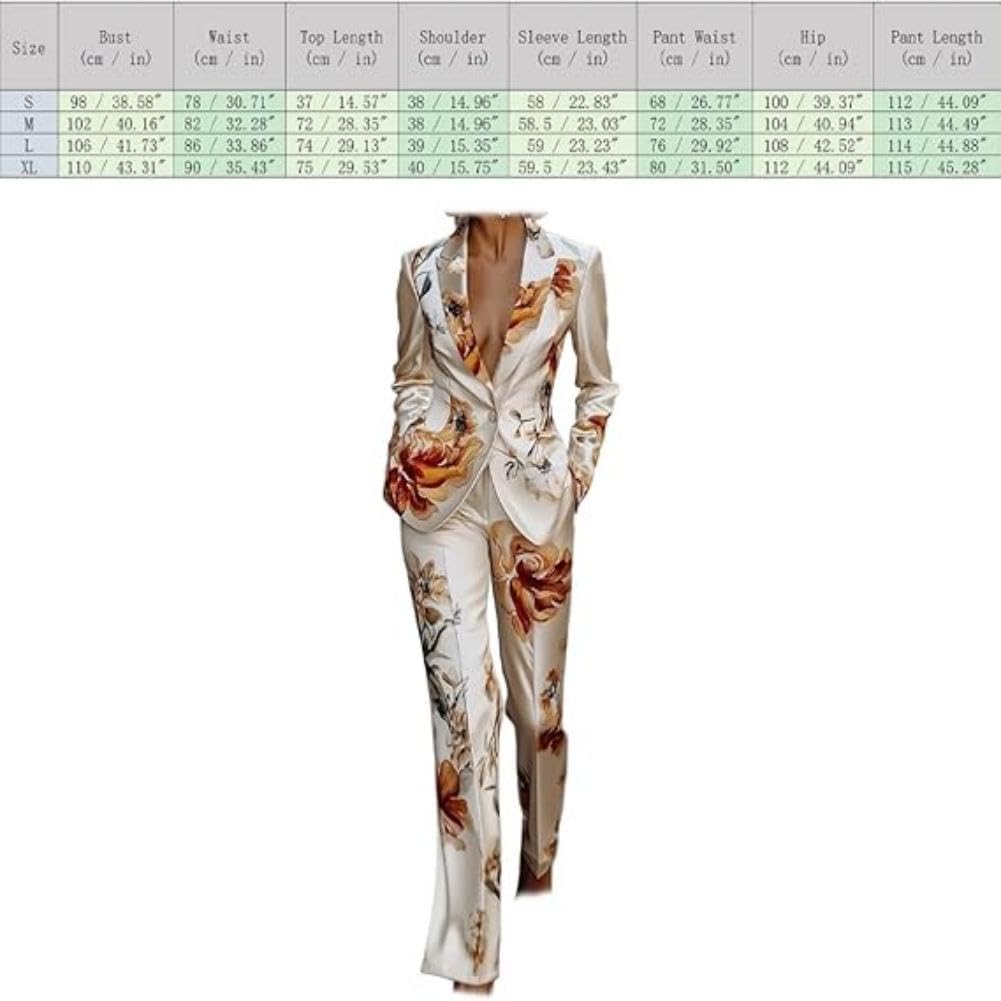 Women’s Floral Pantsuit 2 Piece Suit Set for Women, Satin Finish Blazer and Pants Set, Business Casual Outfit for Office