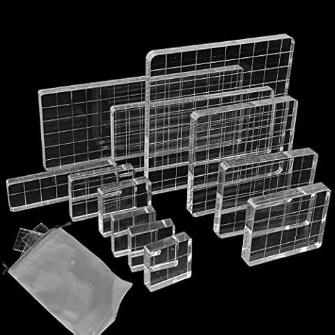 12 Pcs Clear Stamp Blocks with Curved Edges Acrylic with Grid Lines Stamp Tool Decorative Stamp Holders for Album Scrapbooking Craft Card Decorations Cover