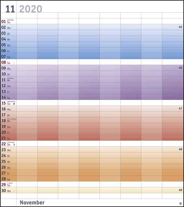 Bunte Wochen Planer XXL. Wandkalender 2020. Monatskalendarium. Spiralbindung. Format 40 x 45 cm