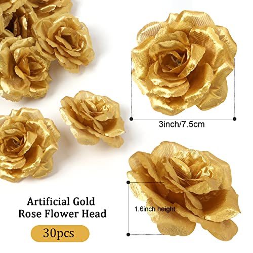 Yzyil 30 Pack Artificial Gold Roses Flowers, Blossom Silk Rose Flower Head,Gold Artificial Silk Rose Flower Heads For Valentine's Day Wedding Party Home Decor #TOP1