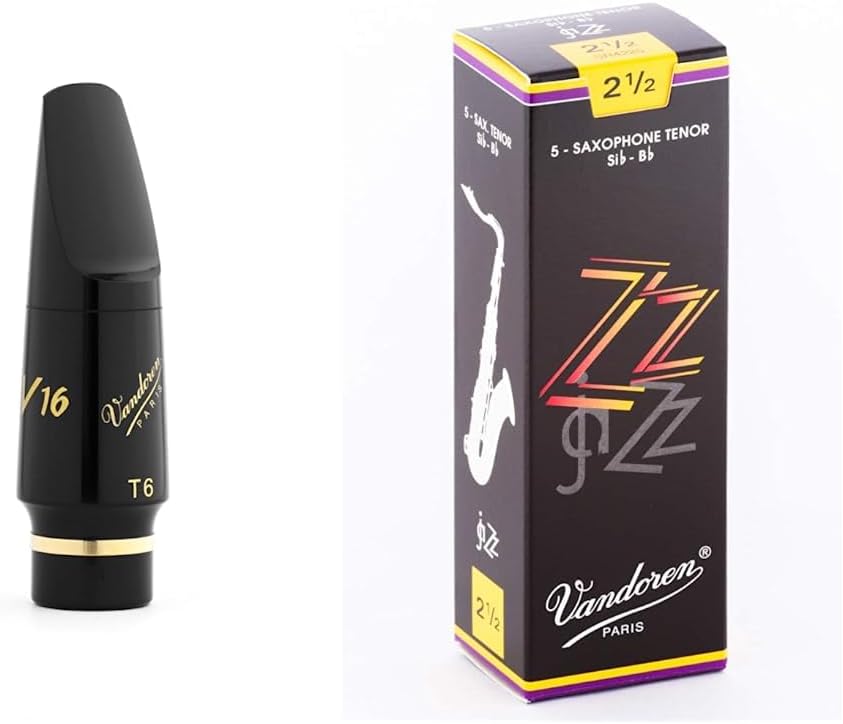 Vandoren SM822E T6 V16 Ebonite Tenor Saxophone Mouthpiece, black & SR4225 Tenor Sax ZZ Reeds Strength 2.5; Box of 5