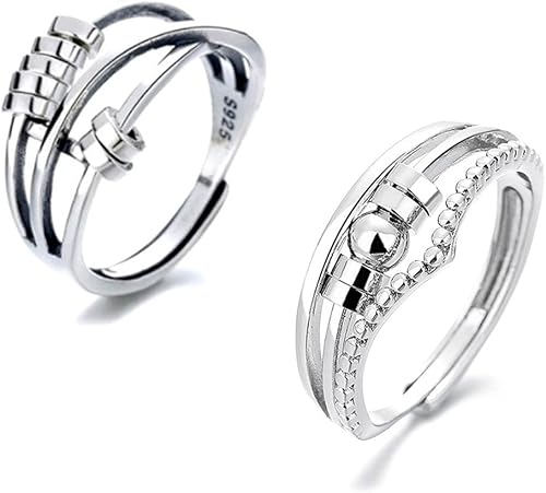 LETINE Anillos para la ansiedad para mujeres y hombres, anillo de ansiedad de plata de ley con cuentas, anillo giratorio unisex ajustable