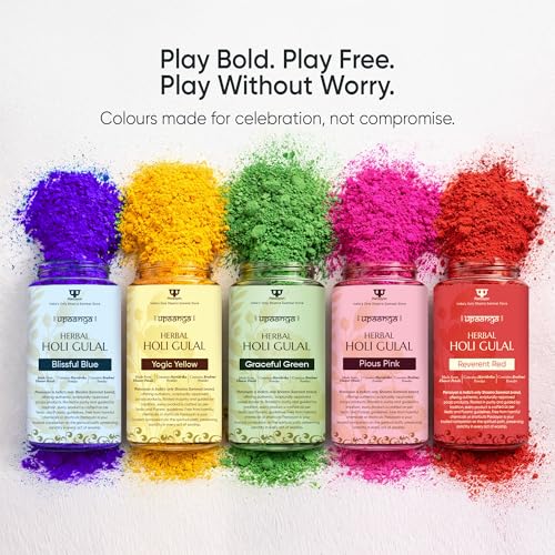 Image of Herbal Gulal for Holi & Festivals with Brahmi and Haridrika | Natural, Skin-Friendly & Child-Safe Gulaal | Vibrant Red, Green, Blue, Pink & Yellow Colors - Pack of 5 160gm X 5