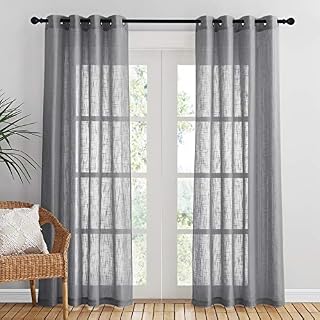 PONY DANCE Grey Net Curtain - All Voile Eyelet Top Sheer Panels Faux Linen Fabric Privacy Protected for Sliding Glass Door/Balcony/Living Room, Set of 2, 52-inch Wide by 84-inch Drop, Dark Grey