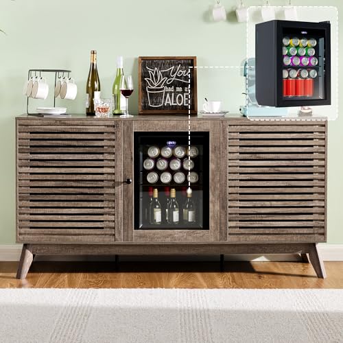 LUXOAK 60 Farmhouse Coffee Bar Cabinet with Mini Fridge