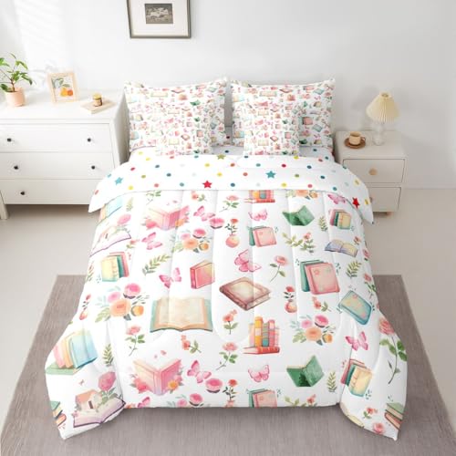 Image of Cartoon Books King Bedding Sets with Comforter,Flat & Fitted Sheet,Pillowcases,Pillow Covers 7 Pcs Garden Floral Fairy Tale Dreamy Comforter Set Watercolor Rose Pink Butterfly Bedroom Dorm