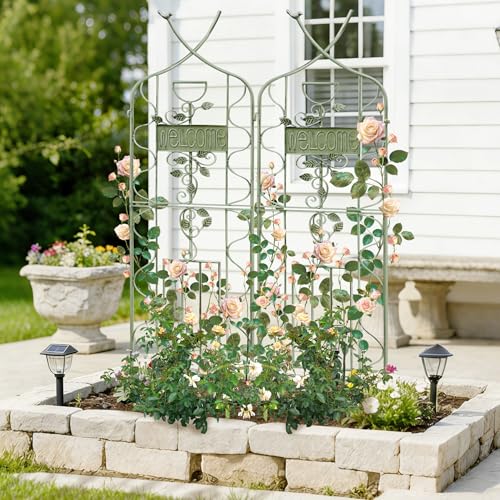 Image of LZRS 2 Pack 59.5 * 18in Rustic Iron Arch Decoration Garden Trellis with Metal Coating - Perfect for Supporting Climbing Plants Outdoor, Roses, Vines, Flowers, and Vegetables, Antique Green
