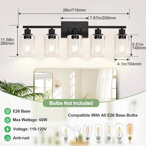 Indoi 5-Light Bathroom Light Fixtures, Matte Black Modern Vanity Lights with Clear Glass Shades, Bathroom Vanity Light for Mirror Living Room Cabinet Bedroom Porch - Image 8