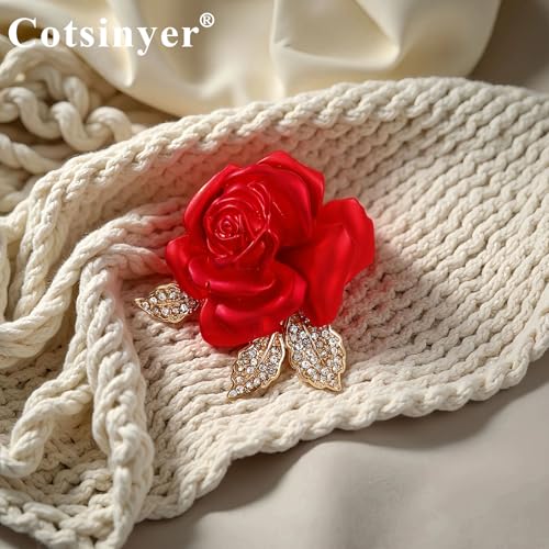 Image of Red Rose Brooch for Women - Elegant Costume Jewelry Pin for Dresses, Hats & Scarves