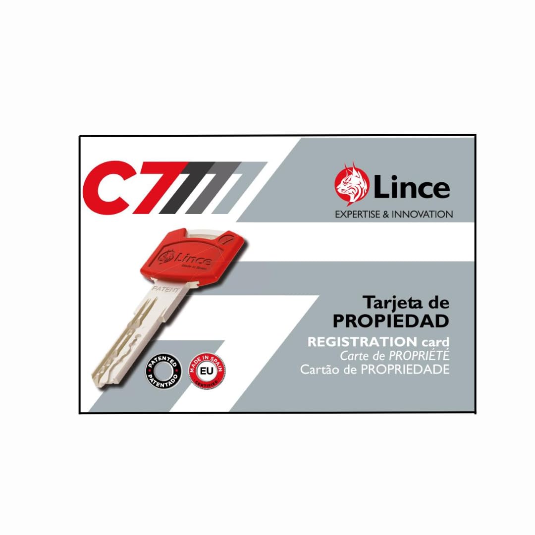 Cilindro de alta seguridad LINCE C7 L30+30, triple bloqueo patentado, anti-golpes, anti-rotura, función desbloqueable (antipánico), 5 llaves reversibles, certificado EN 1303:2016. | Triple bloqueo patentado, anti-bumping, anti-rotura, función antipánico y