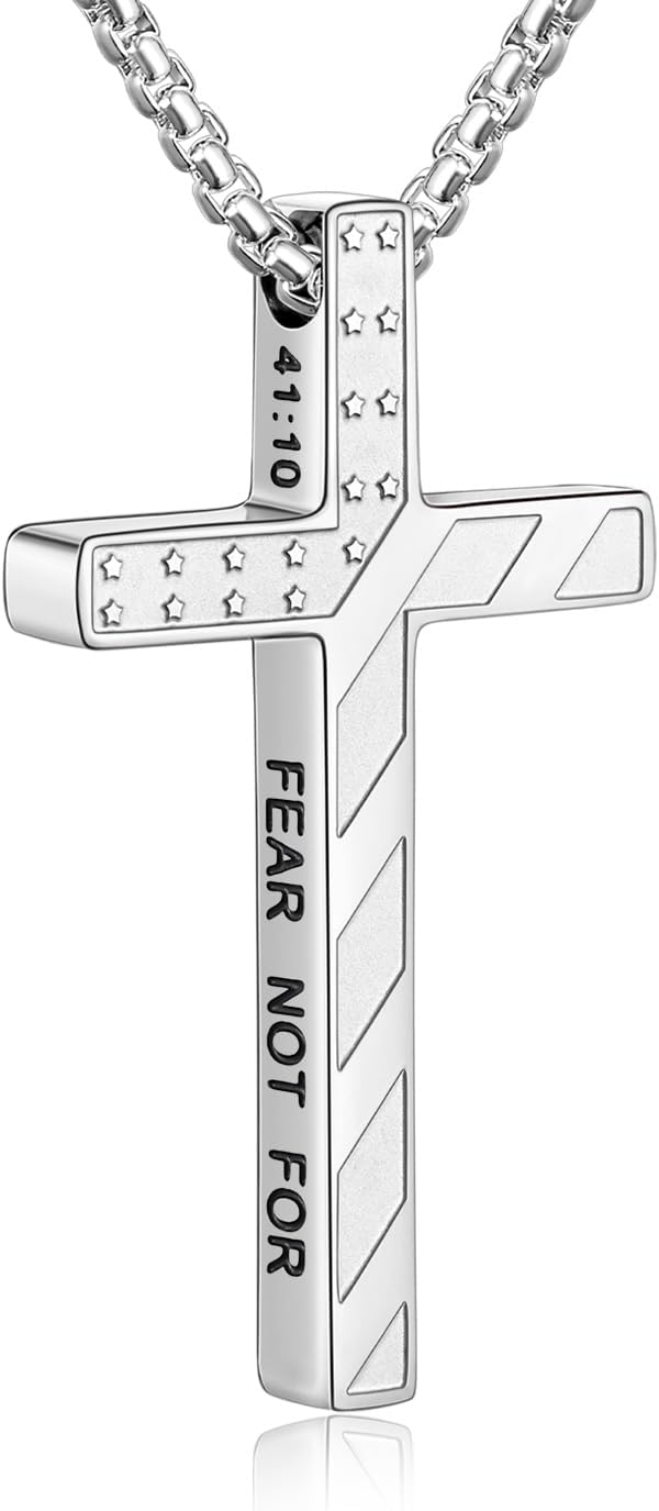 Fiusem Cross Necklace for Men, Inspirational Bible Verse American Flag Cross Chain, Stainless Steel Mens Necklace, Jewelry Gift Box Chain Pendant 18-24 Inch