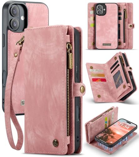 Coque iPhone 16 étui portefeuille magnétique rose antichoc