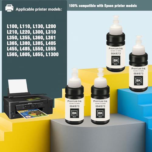 Image of KOSH T673 Refill Ink Compatible for Use in Epson L801, L805, L1800, L800, L810, L850, L1300, L605 Ink Tank Printers - 70 ML Each Bottle (4, Black Pack of 4)