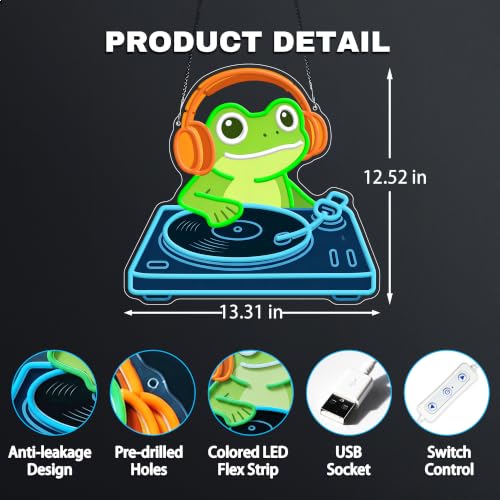 Image of Frog DJ Neon Sign, Music Neon Signs for Wall Decor, Cute LED Light Up Sign for Bedroom, Game Room, Man Cave, Bar, Studio and Party Decor, USB Powered Dimmable Funny Wall Art Gift for DJ Music Lovers
