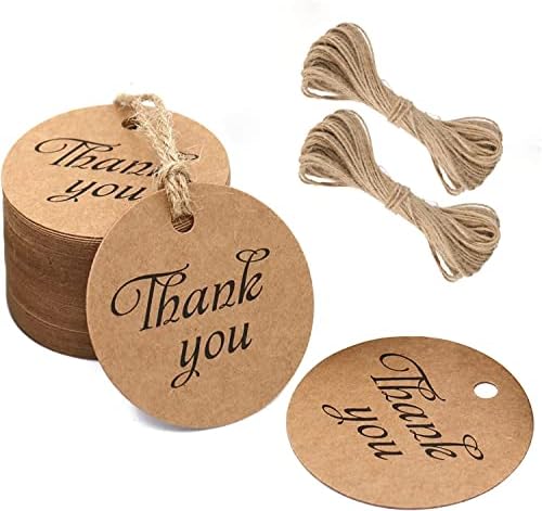 5CM Thank You Gift Tags, 100 PCS Round Kraft Paper Labels, 300g/m² Decoration Hanging Tags with 20M String for Wedding Favours