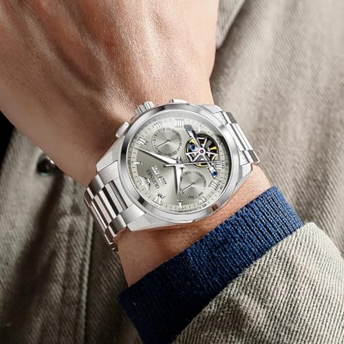 Image of OUPINKE Mens Automatic Watches Luxury Dress Self Winding Skeleton Tourbillon Mechanical Stainless Steel Sapphire Crystal Waterproof Genuine Watches for Men