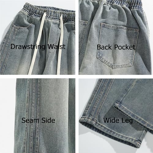 Elastic Waist Jeans for Men Baggy Loose Fit Drawstring Denim Pants Y2k Hip Hop Seam Wide Leg Pull On Jeans3