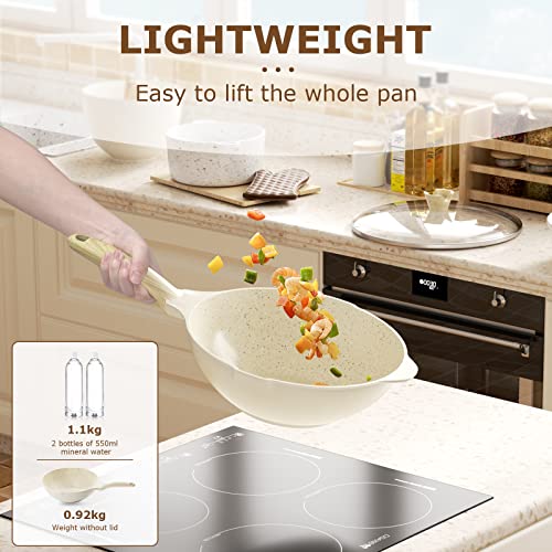 Nonstick Wok Pan With Lid, 12 Inch Non Stick Wok Stir Fry Pan With Ergonomic Handle And Unique Cover Beads, 100% Apeo And Pfoa Free Suit For Gas, Electric, Induction & Ceramic Stoves- Beige #TOP3