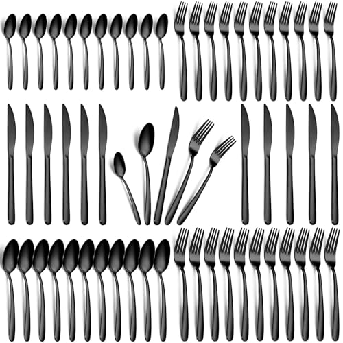 Hunnycook 60-Piece Black Silverware Set - Stainless Steel Silverware Set for 12, Includes Forks Spoons and Knives, Utensil Sets for Home Kitchen Restaurant, Dishwasher Safe