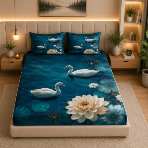 Image of 7D Digital Printed King Size Bedsheet with 2 Pillow Covers | Soft Premium Cotton Feel Microfiber Double Bed Bedsheet | Wrinkle Free & Fade Resistant | (Blue Duck, King Size - 90 x 100)
