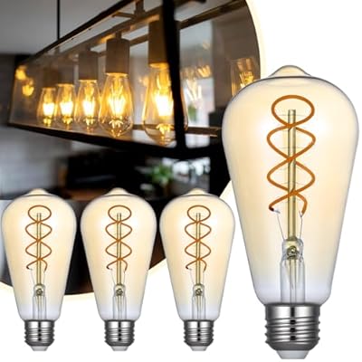 Ivyemons ST64 Edison LED Bulb 40w, 4 Pack Dimmable No Flicker Spiral Filaments Amber Glass ST64 Vintage LED Bulbs 320LM 4W, Equal 40W, 2200K Amber Warm E26 Base, ST 64 Amber LED Bulb for Cozy Setting