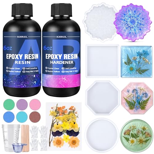 KISREL Epoxy Resin Kit for Beginners 12OZ Resin Kit with Silicone Coaster Molds Complete Accessories Include Mica Powders Dried Flowers Measuring Cups and Other Resin Supplies for DIY