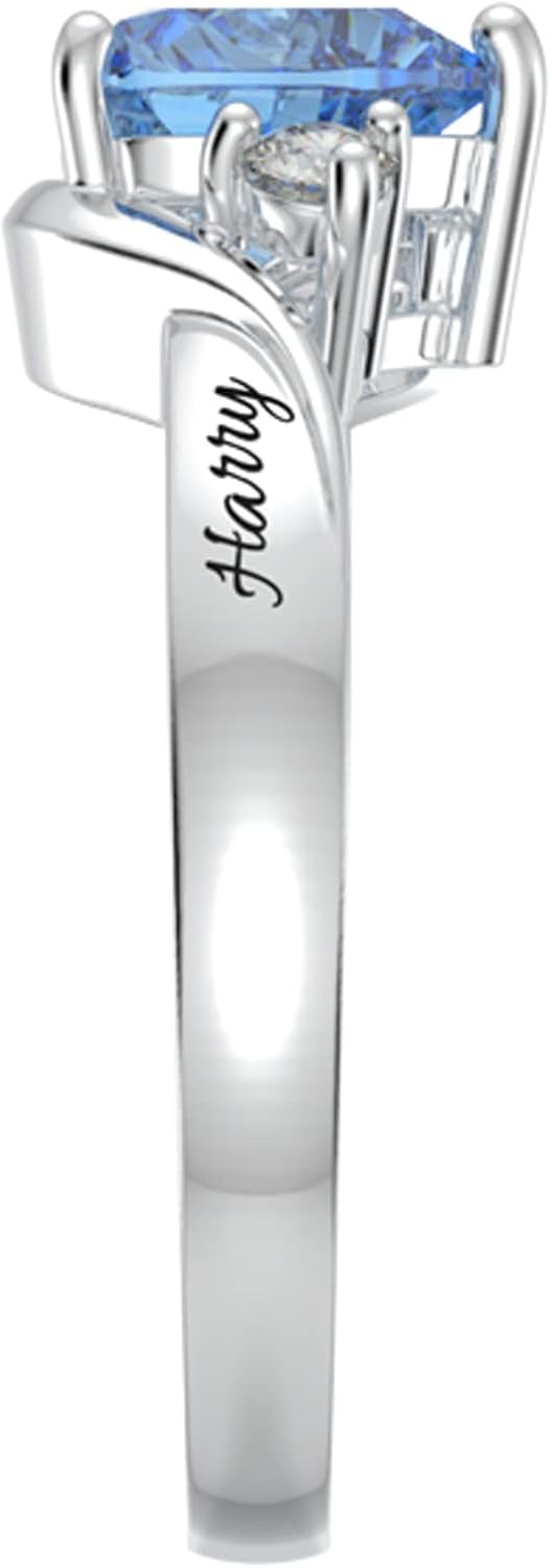 Heart Crystal Rings 925 Sterling Silver Minimalist Solitaire 12 Month Birthstone Rings Personalized Engraved Name Ring Birthday Promise Jewelry Gift for Women (with Gift Box)