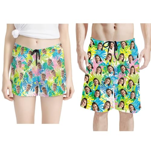 Custom Women Men Funny Beach Shorts with Faces Tropical Floral Personalized Board Shorts for Beach Party Surfing
