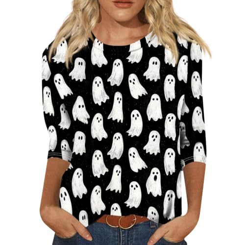 Image of Women Spooky Halloween Graphic Shirt 3 /4 Length Sleeve Crewneck Top | Halloween Funny Printed Pumpkin Plus Size Tshirts 2026 Fall Outfits Skeleton Tee Going Out Tops