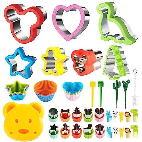 Lot de 42 emporte-pièces pour pain et légumes pour enfants - En acier inoxydable - Comprend des emporte-pièces Sanwich pour légumes, fruits et fourchette à fruits - Dinosaure, cœur, étoile