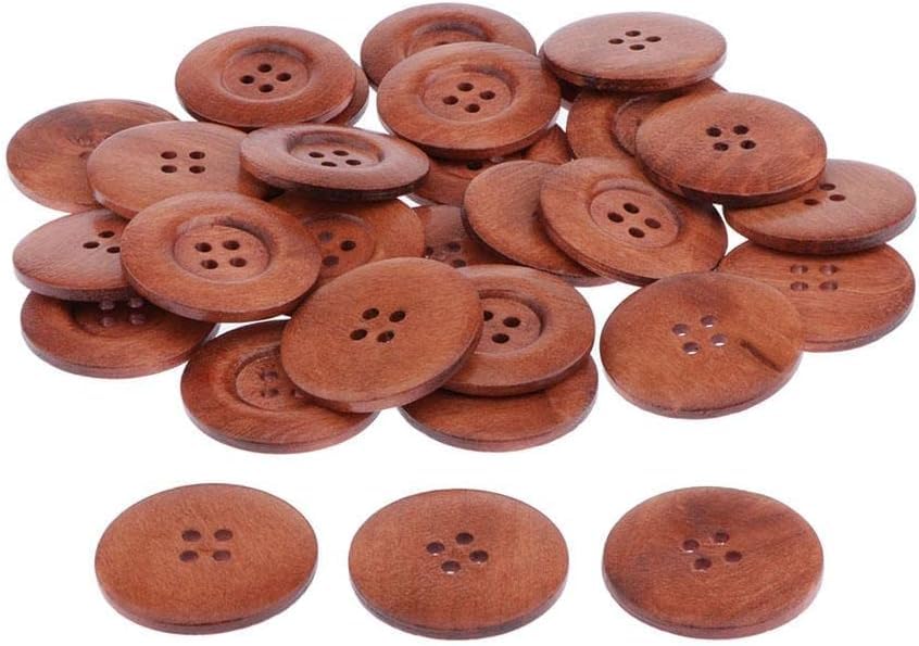 Image of Pack of 6 Big Coffe Brown Wooden Buttons Diameter 34 mm,(1 3 /8 inch) 4 Holed for Sewing and Art and Craft Round Buttons with 4 Holes