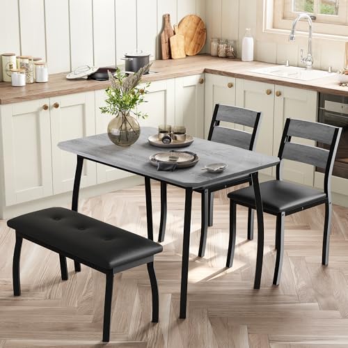Dining Table Set for 4, Wooden Kitchen Table with Upholstered Bench & 2 Cushion Chairs, Space-Saving Dinette Set for Studio, Kitchen, Dining Room, Apartment(43''x28''x30''), Gray
