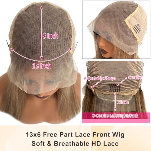 Image of 28 Inch Ombre Brown Highlight Lace Front Wigs Human Hair Balayage Brown with Ash Blonde Highlights Brazilian Raw Human Hair 13x6 HD Frontal Wig Pre Plucked 180% Density Glueless Wigs for White Women
