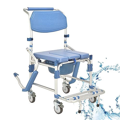 PLMNBQWE Sedia Comoda con Ruote, Sedia da Toilette Impermeabile con Seduta Imbottita, Pedale Pieghevole e rotelle bloccabili, Sedia a rotelle da Trasporto per comodini per Anziani