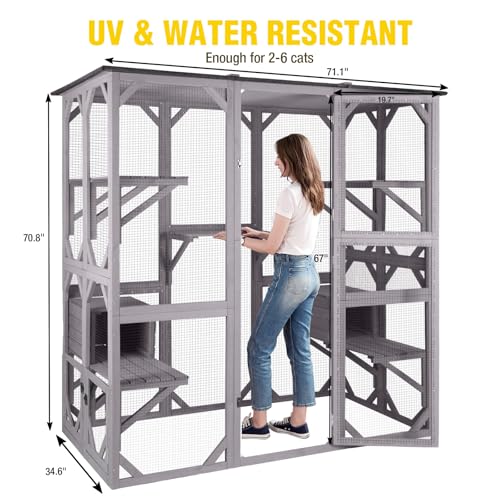 Image of 71.1'' Large Outdoor Cat Catio Enclosure, Multi-Level Cat House with Platforms & Resting House, Weatherproof Solid Fir Wood Cat Patio with Asphalt Roof, for Indoor-Outdoor Access, Fit 2-6 Cats, Grey