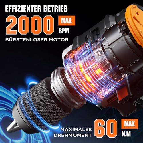 Litheli 20V Akku Bohrschrauber mit 1X10000mAh Li-Ion Akku, bürstenlosen Motor, 60 Nm Maximaldrehmoment, 17+1 Drehmomentstufen, 13mm Schnellspannbohrfutter für Reparaturen zu Hause 2
