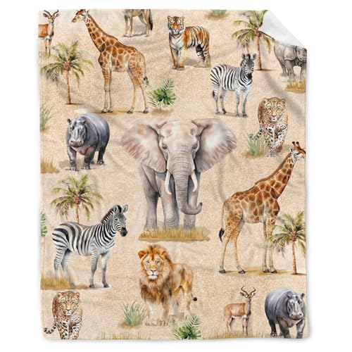 Zoo Animals Blanket Safari Animals Lovers Girl Boy Kids Gift Giraffe Zebra Elephant Tiger Rhinoceros Lion Deer Soft Throw Blanket Flannel for Bedroom Couch 40