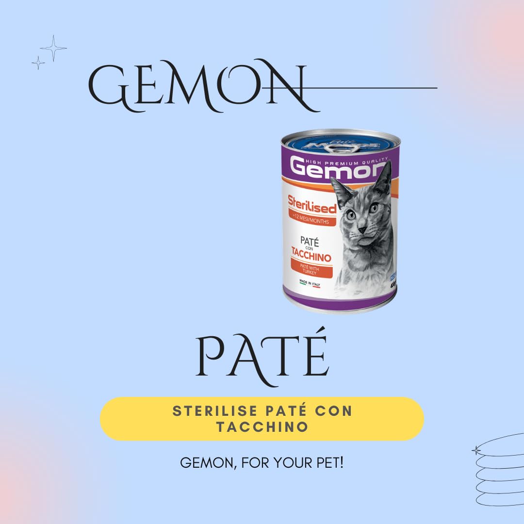GEMON Gatto Sterilised Paté con Tacchino | alimento umido completo per gatti adulti sterilizzati, cotto a vapore, senza coloranti e conservanti aggiunti, Made in Italy, 12 lattine da 400 grammi.