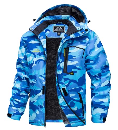 MAGCOMSEN Ski Jacket Mens Water-Resistant Hooded Warm Jackets for Winter Fleece Lined Snow Hiking Jacket with Pockets Sky Blue Camo M