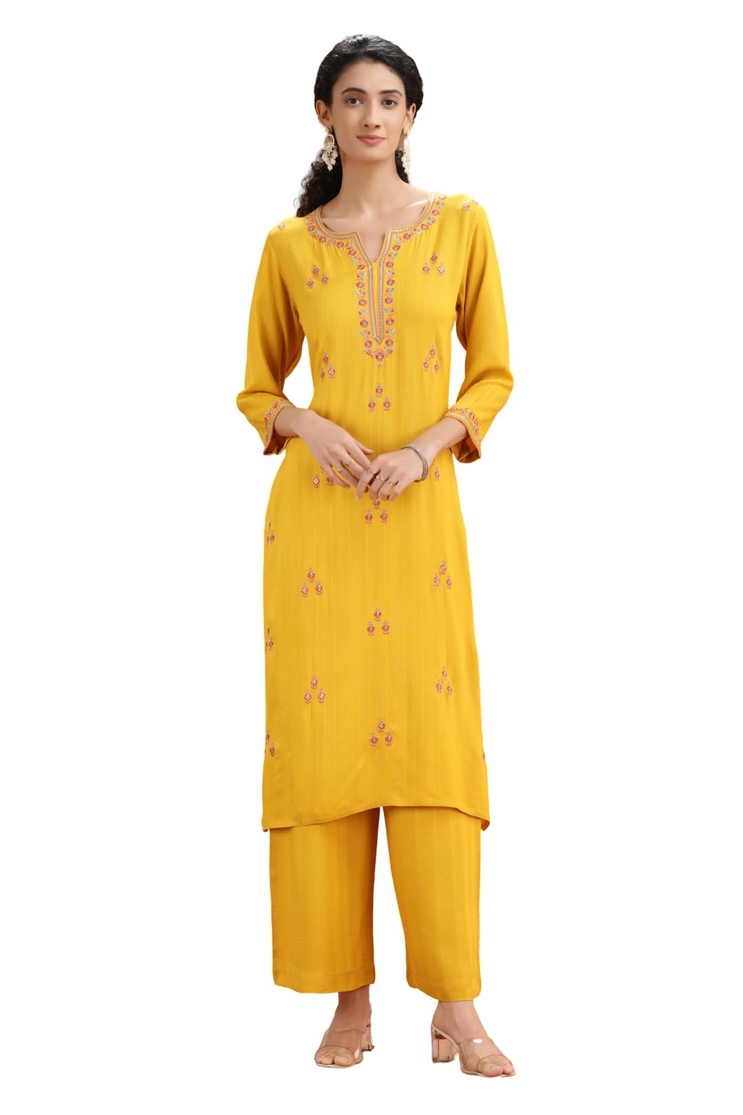 Yellow Embroidered Straight Cotton Co-ord Set-image-38