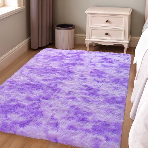 Zentavio Purple Rugs for Girls Room 4x6 Area Rugs for Living Room Carpet for Bedroom Washable Soft Fluffy Shag Aesthetic Plush High Pile Throw Rug for Nursery Kids Room Dorm Room Tie-Dyed